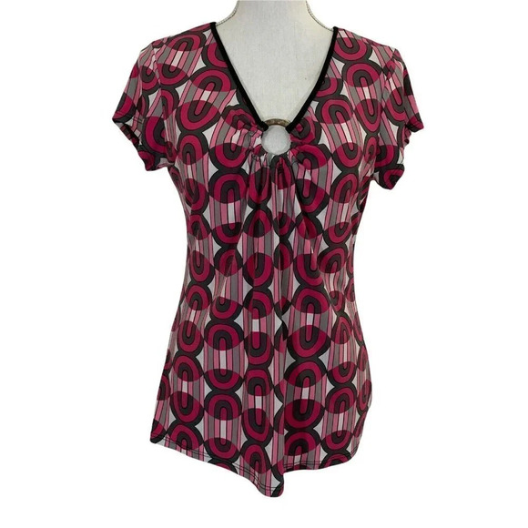 Pink CKW Short Sleeve Blouse with Wooden Ring Y2K Style Funky Abstract Pattern M - Picture 1 of 7